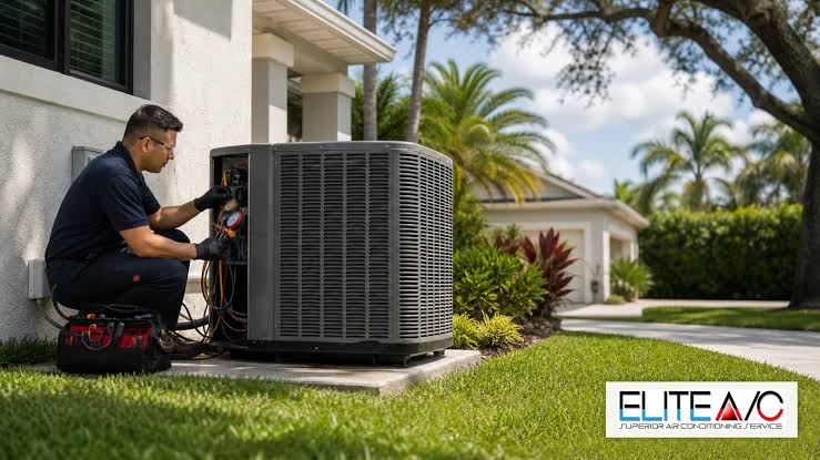 Technician servicing an outdoor air conditioner beside a home
